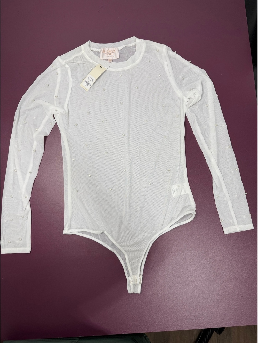 Audrey Parks White Long Sleeve Sheer Mesh Bodysuit with Pearls, Size L